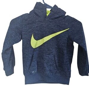 Nike Dri-FIT Boys Hoodie Blue Heather Neon Yellow Swoosh Pullover XS 4 3-4 YRS